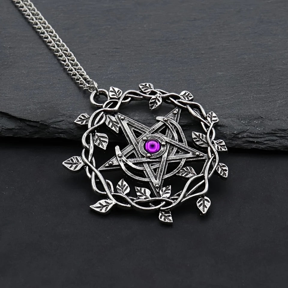 Vine and leaf entwined Pentagram with Amethyst pendant