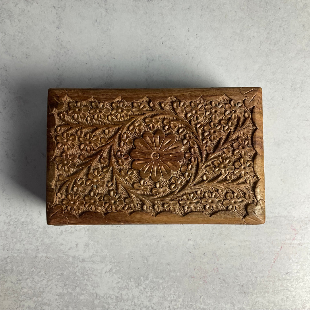 Floral Carved Wooden Box - 8.0" L, 5.0" W, 3.0" H