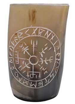 Handcrafted Natural Buffalo Horn Drinking Cup Engraved Runic Vegvisir Design 4-5"H
