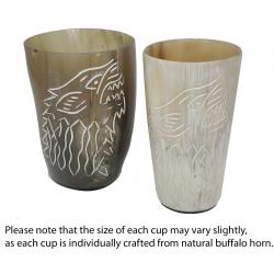 Handcrafted Natural Buffalo Horn Drinking Cups Engraved Wolf Design 4-5"H