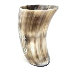 Handcrafted Natural Buffalo Horn Drinking Cup Engraved Old Norse Valknut Design 4-5"H
