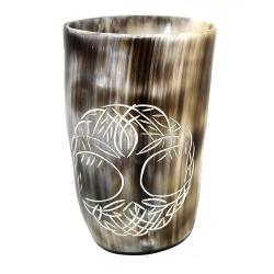 Handcrafted Natural Buffalo Horn Drinking Cup Engraved Tree of Life Design 4-5"H