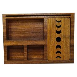 Wooden Tarot Card Holder with Moon Phase Lid Design Storage & Sectionals 9.5"Lx6.75"Wx1.5"H