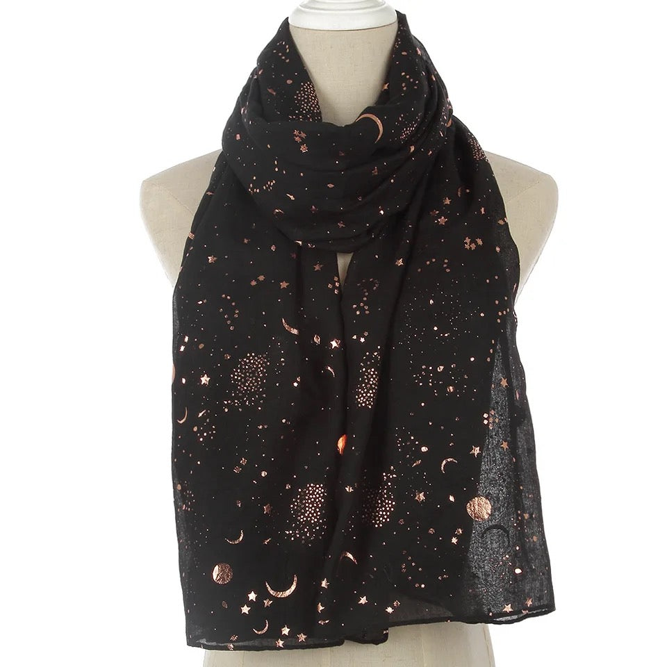 Vintage style Black Scarf with Stars & Moons in gold & silver