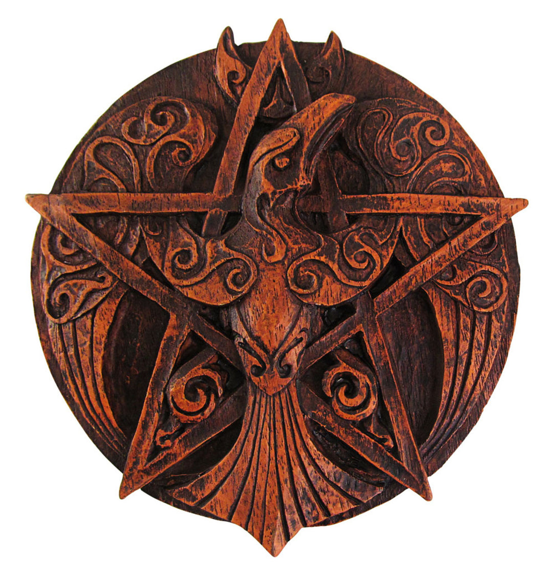 Crescent Raven Pentacle Plaque wood finish