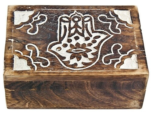 Hamsa Hand Carved Wooden Box 7"x5"