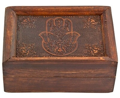 Hamsa Hand Carved Wooden Box 6"x4"