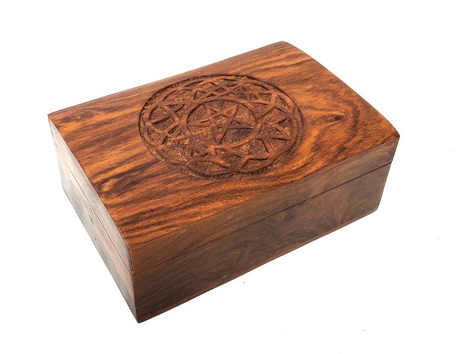 Pentagram in Celtic Circle Carved Wood Box 4x6"