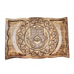 Hamsa Hand Evil Eye Carved Wood Box 9" x 6" x 2.75" High